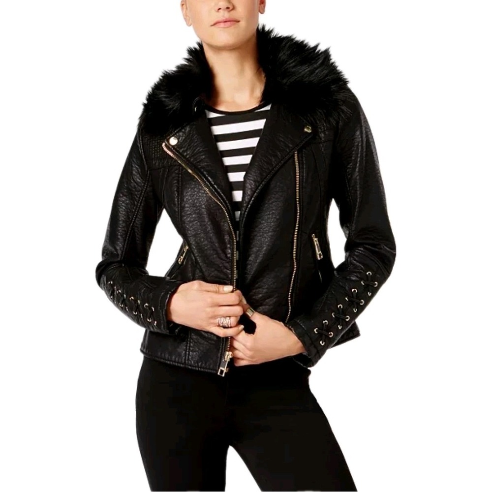 GUESS Moto Jacket Faux Leather Mink Fur Corset Laced XS Black Designer Assymetri